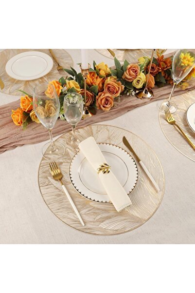 Generic Set of 6 Gold Vinyl Round Placemats, Water- and Oil-Resistant, Floral Pattern