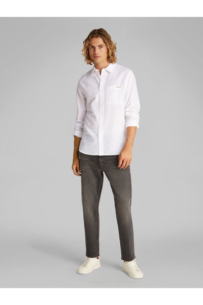 Calvin Klein Men Bright White Regular Linen Cotton Blend Shirt