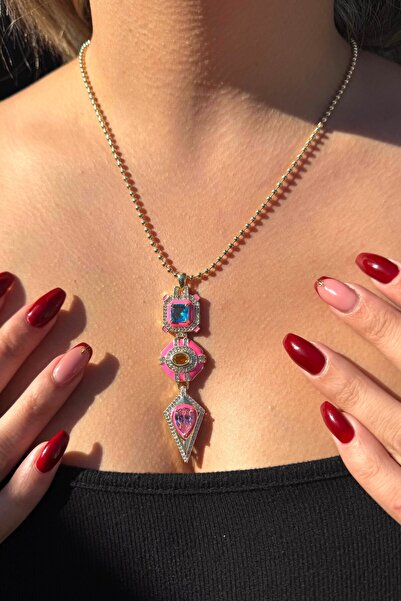 TAKIŞTIR Altın Renk Taş Detaylı Altın Kaplama VİP Kolye