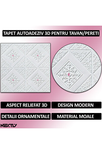 NEXTLY Panouri autoadezive 3D pentru perete și tavan, impermeabile, acoperire 4,9 mp, alb-roz, 70x70 cm
