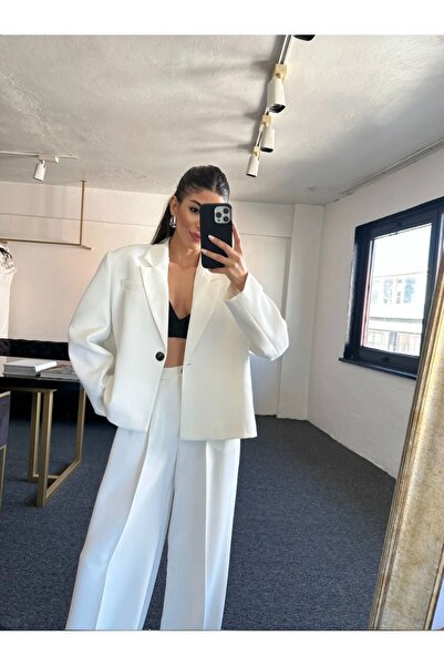 FMN Collection oversize tek düğme astarlı premium A kalite blazer ceket palazzo pantolon tasarım takım