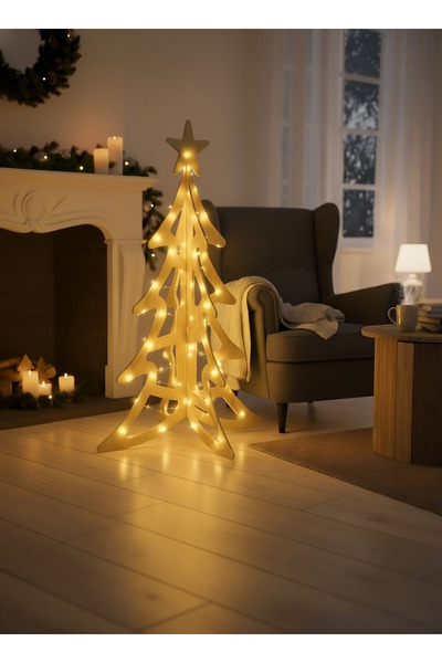 Wooden Factory Ahşap Dekoratif Yılbaşı Ağacı 135 Cm, Led Işıklı Yeni Yıl Dekoru Çam Ağacı