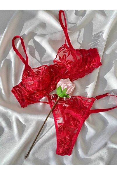 La Linaa Mona Red Lace & Tulle Bra Panty Set