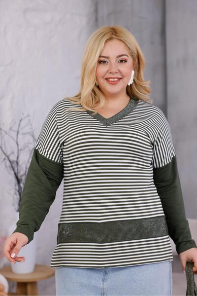 Siyezen Plus Size Striped V-Neck Blouse with Stones