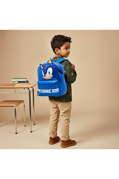 Sonic the Hedgehog Applique Backpack with Adjustable Straps and Zip Closure- 15 inch