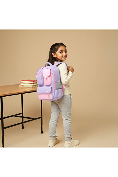 Juniors Colourblock Backpack with Adjustable Straps and Zip Closure - 16 inches
