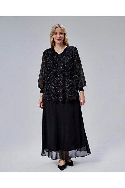 KALKANCI Kolu Lastikli Full Taşlı Şifon Abiye Tunik