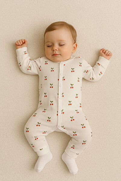 Nayinom Kız Bebek %100 Pamuklu Kiraz Desenli Çıtçıtlı Tulum | 1-3-6 Ay
