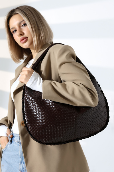 BALANZ Geantă de umăr maro pentru femei, cu model tricotat aspect de piele – ...