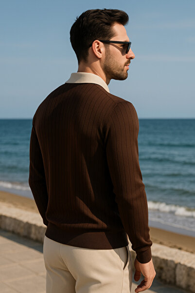 Maccali Мъжка раирана дългоръкавна тениска с поло яка в цвят кафе