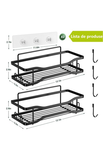 MACVI ® 2 Rafturi pentru duș de baie, oțel rezistent la rugină, montare adezivă, design modern, negru