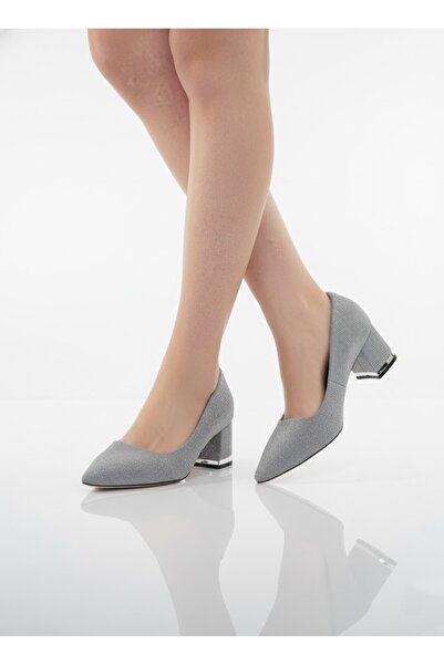 Elit Gizem 203 Platinum Glitter Detailed Comfortable Evening Dress Women's Heeled Shoes