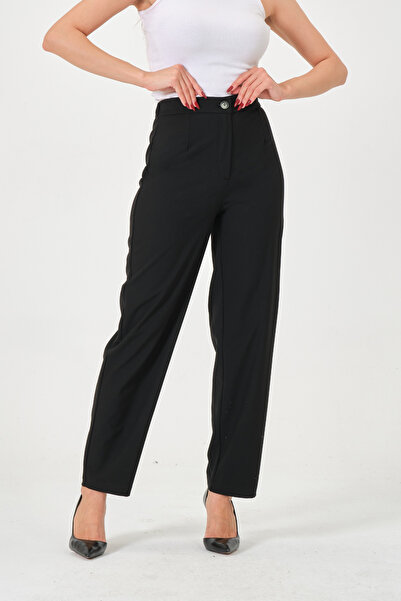 RELAXL Plus Size High Waist Pleated Black Fabric Pants Women