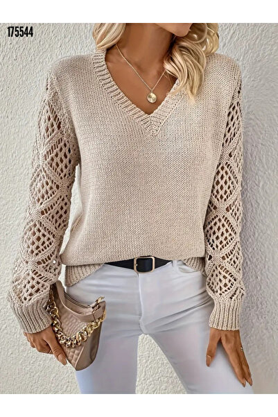 Kokosh moda Kadın V Yaka Kolları Delikli Baklava Deesenli Triko Bluz Kazak