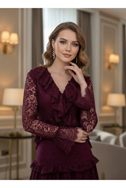 Opera Fashion فستان دانتيل عنابي بأكمام طويلة وكشكش أنيق