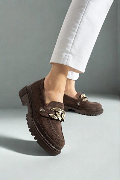 Hepici Loafers Tokası Değişebilen Günlük Kadın Süet Kahverengi Ayakkabı