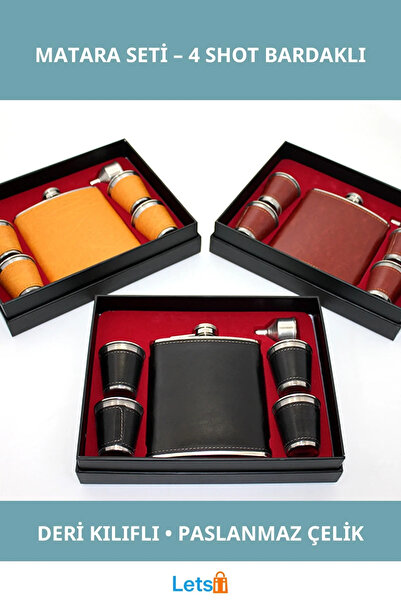 Letsii Derili Paslanmaz Çelik 4 Shot Bardaklı Matara