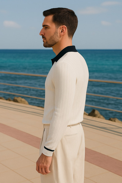 Maccali Ανδρικό μπλουζάκι με ριγέ μακρυμάνικο λευκό φαρδύ μπλουζάκι με λαιμόκοψη πόλο