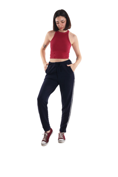 ASN concept Women's Navy Blue High Waist Striped Sweatpants (with Plus Size Option)