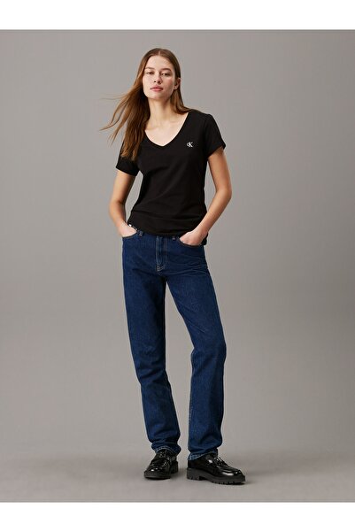 Calvin Klein Women Black Embroidery Stretch V-Neck T-Shirt