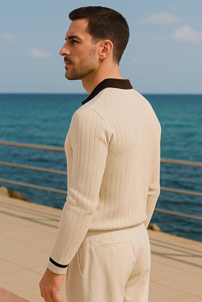 Maccali Чоловіча смугаста довга рукава кремова сорочка з коміром-поло