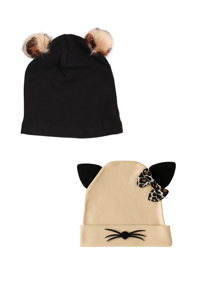 LOGO AKSESUAR Kız Bebek Kedi Ponpon Figürlü 2'li Pamuk Şapka