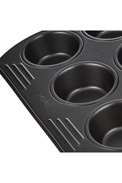 TEFAL Easy Grip 12-Muffin Pan 26.5 x 39.5 cm, Carbon Steel, Non-Stick, Dark Gray