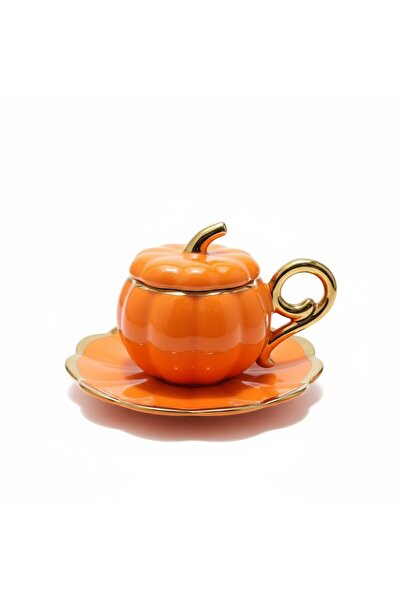 FAIR HOME Gilded Lid Porcelain Orange Pumpkin Coffee Cup Set – for 6 People
