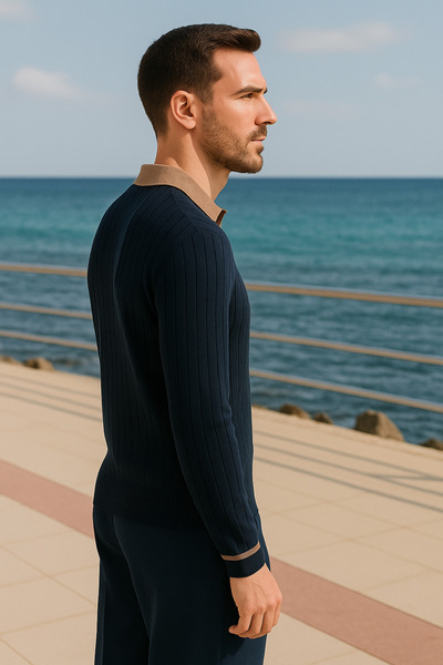 Maccali Чоловіча смугаста довга рукава темно-синя широка сорочка з коміром-поло