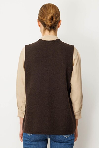 Desen Triko Women's V-Neck Steel Knit Wool Mother Vest Dark Brown