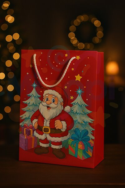 Minopi ( 1 Adet ) Noel Baba Desenli Hediye Çantası Kırmızı Yılbaşı Hediye Poşeti 25x30x9 Christmas