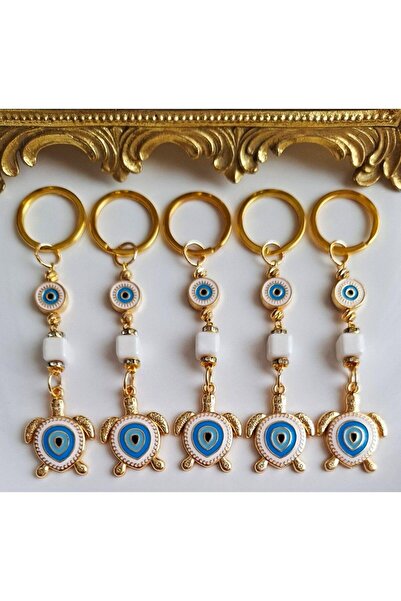 Svc Aksesuar New Year's Luxury Gift 5-Piece Zircon Stone Evil Eye Beaded White Turtle Lucky Keychain 10.5 cm