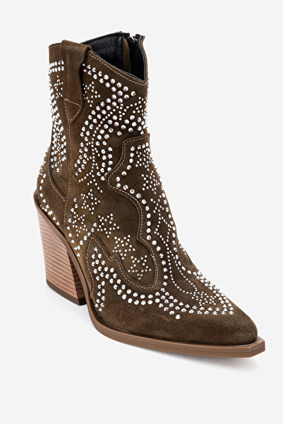 Dericlub Women's Stoned Thick Sole Western Boots Real Suede Leather Zy 1610 Khaki