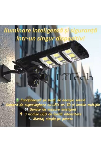 LITECH 4K WiFi Solar Surveillance Camera (3 Lenses) with 10000mAh LED Lamp