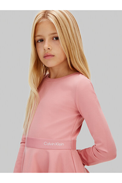 Calvin Klein Women Brandied Apricot Long Sleeve Flared Punto Logo Dress