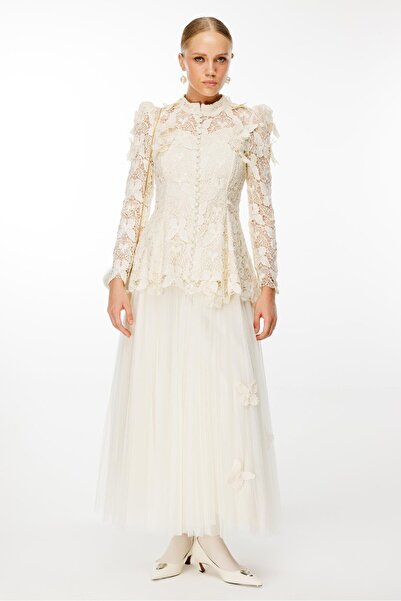 Nefeli Kelebek Dantel Detay Etek Ceket 2'li Takım EKRU