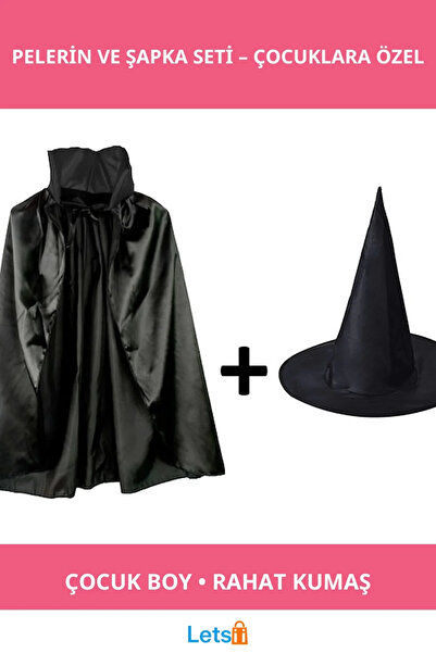 Letsii Black Collar Cape and Witch Hat Set Child Costume