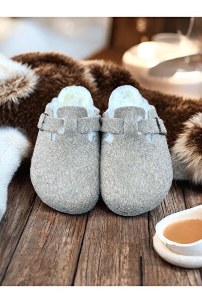 Mycorni Anatomik Unisex Doğal Mantar Taban Gerçek Kürklü Keçe Terlik