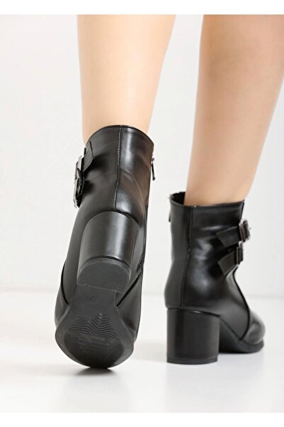 beelleshoe Kadın HEMERA SİYAH CİLT Çift Tokalı Kısa KIŞLIK Bot