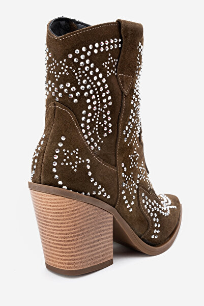 Dericlub Women's Stoned Thick Sole Western Boots Real Suede Leather Zy 1610 Khaki