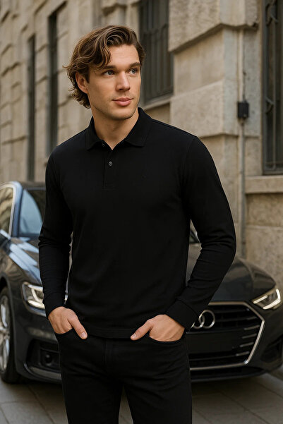 Maccali Men's Casual Long Sleeve Basic Black Polo Neck T-Shirt