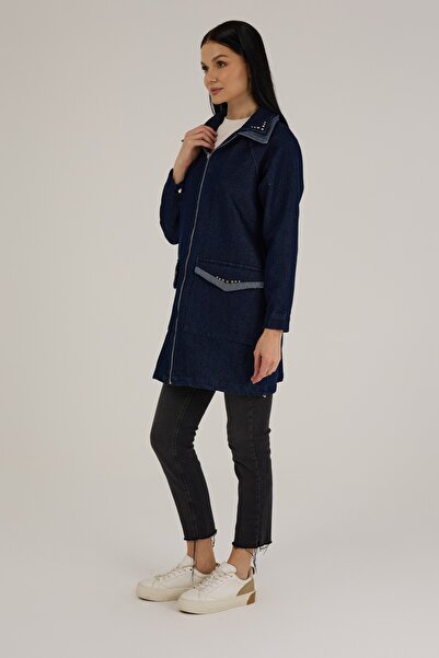 Jupe Kadın Kendinden Simli Taş Detaylı Denim Kap 9275