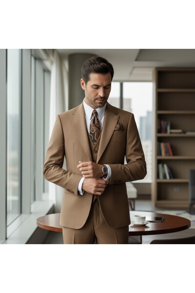 ilayda emir Slim Fit Light Brown Blazer Men's Suit Vest Set