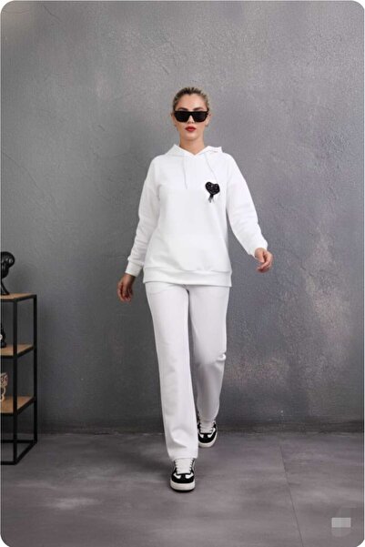 aytenli Hooded ;Stone Embroidered Heart Figured Single Jersey Sports Casual Suit