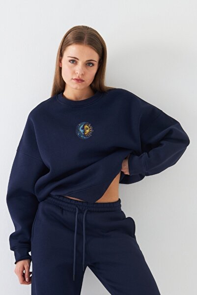 The Champ Clothing Γυναικείο φούτερ oversized Sun & Moon με τύπωμα Navy Blue – Crew Neck, 3 Thread Ş επένδυση fleece Fleece