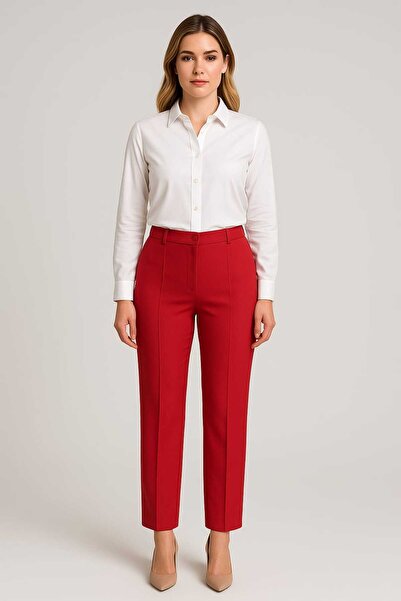 Şans Women's Plus Size Red, Ironing Trace Stitching Pocketless Pants 26A39208