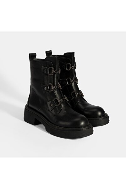 Desa Women's Black Leather Boots with Metal Buckle Detail