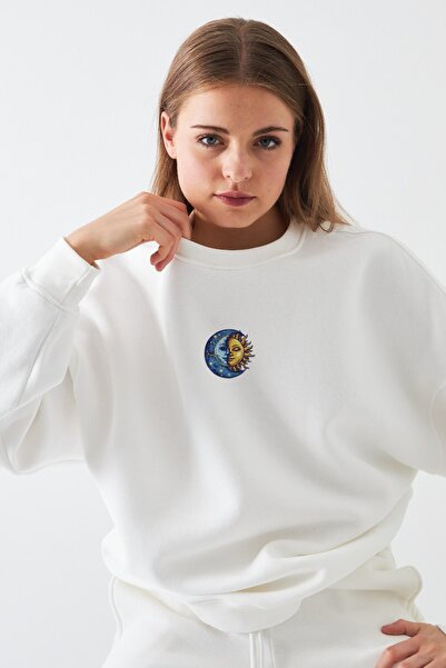 GIA - ART Femei supradimensionat Swea tricou Sun & Moon cu imprimeu Alb – gul...