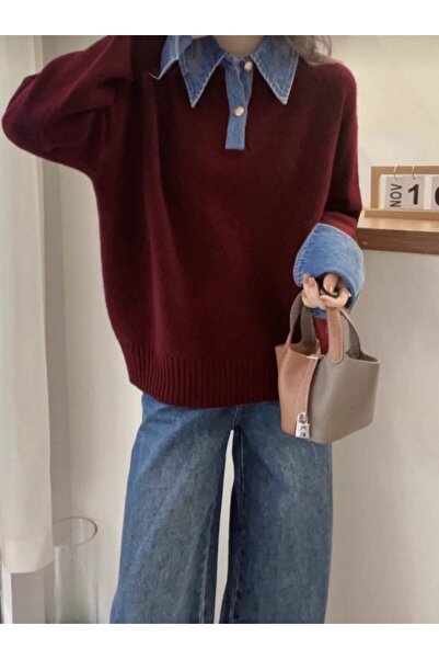 DONNA LISSA Women's Denim Detailed Polo Neck Oversized Knitwear Sweater