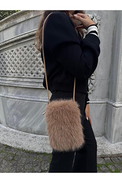 Tina İstanbul Mini geantă de umăr din pluș cu curea din piele Camel